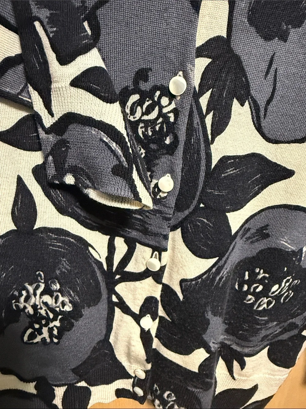 J. Crew Black and Gray Floral on Cream Base 100% Wool Button-Down Cardigan